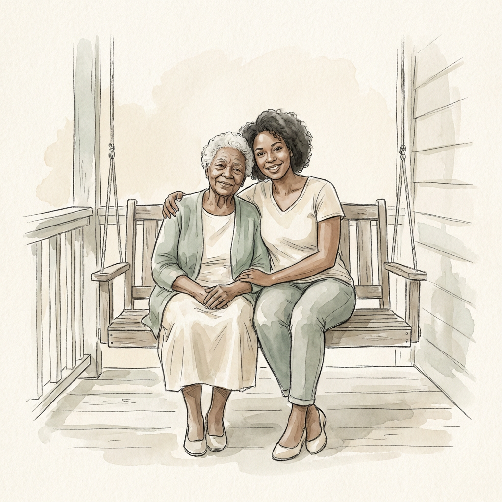 Watercolor illustration of an elderly woman and her daughter sitting warmly together