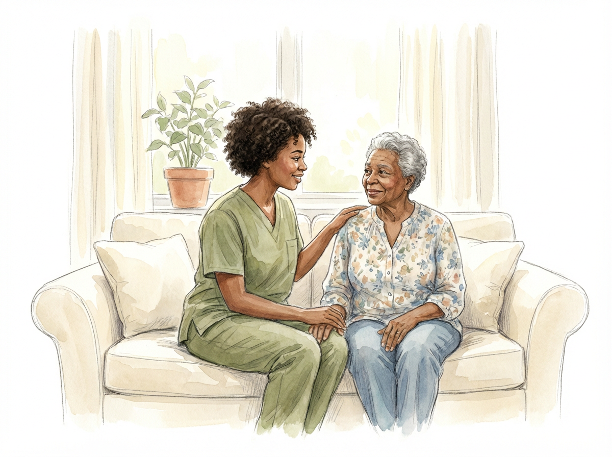Watercolor illustration of a caregiver sitting warmly beside an elderly woman