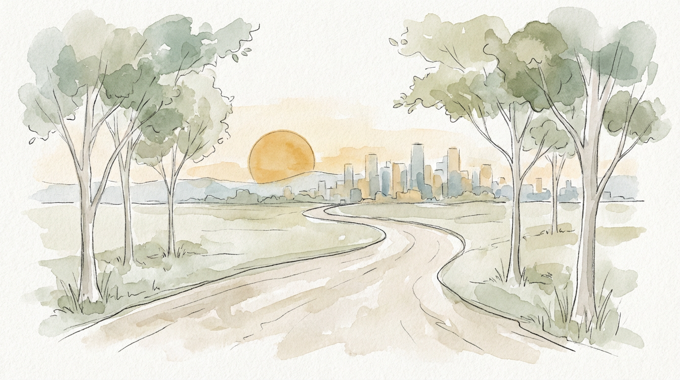 Watercolor illustration of a warm, sunlit road winding toward a horizon &mdash; symbolizing the journey of care