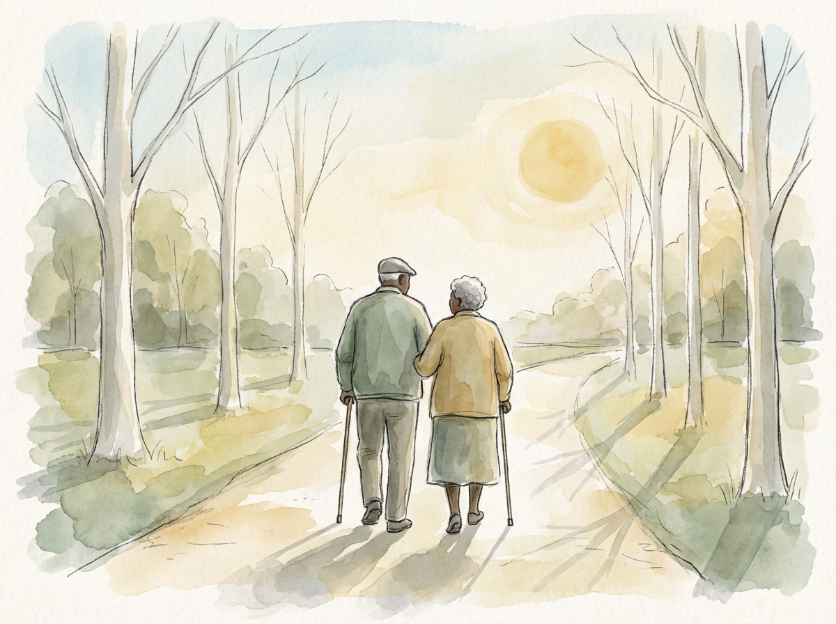 Watercolor illustration of a caregiver walking alongside an elderly woman in a sunlit park
